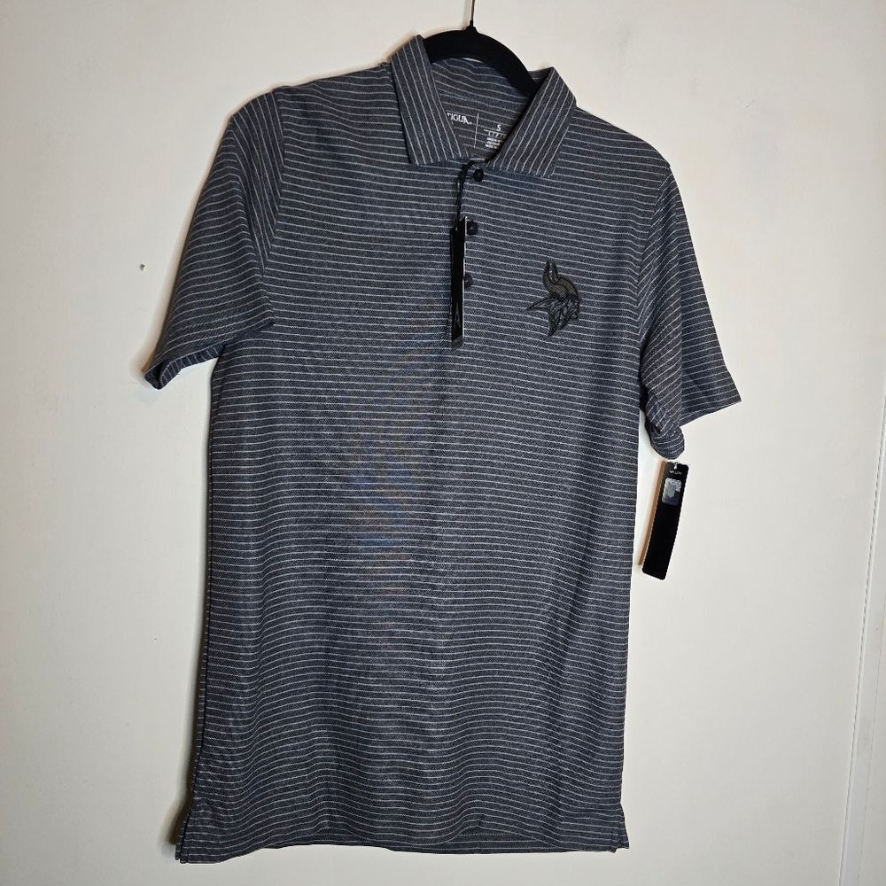 NFL Vikings Embroidered Mascot Grey Striped Polo Mens Small New With Tags